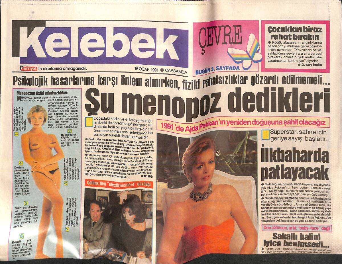 Hürriyet Gazetesi Kelebek Eki 16 Ocak 1991 - Ajda Pekkan'ın Yeniden Doğuşuna Şahit Olacağız! - TRT'NİN Yeni Yıldızı Şebnem Ergür! GZ138065 - 1