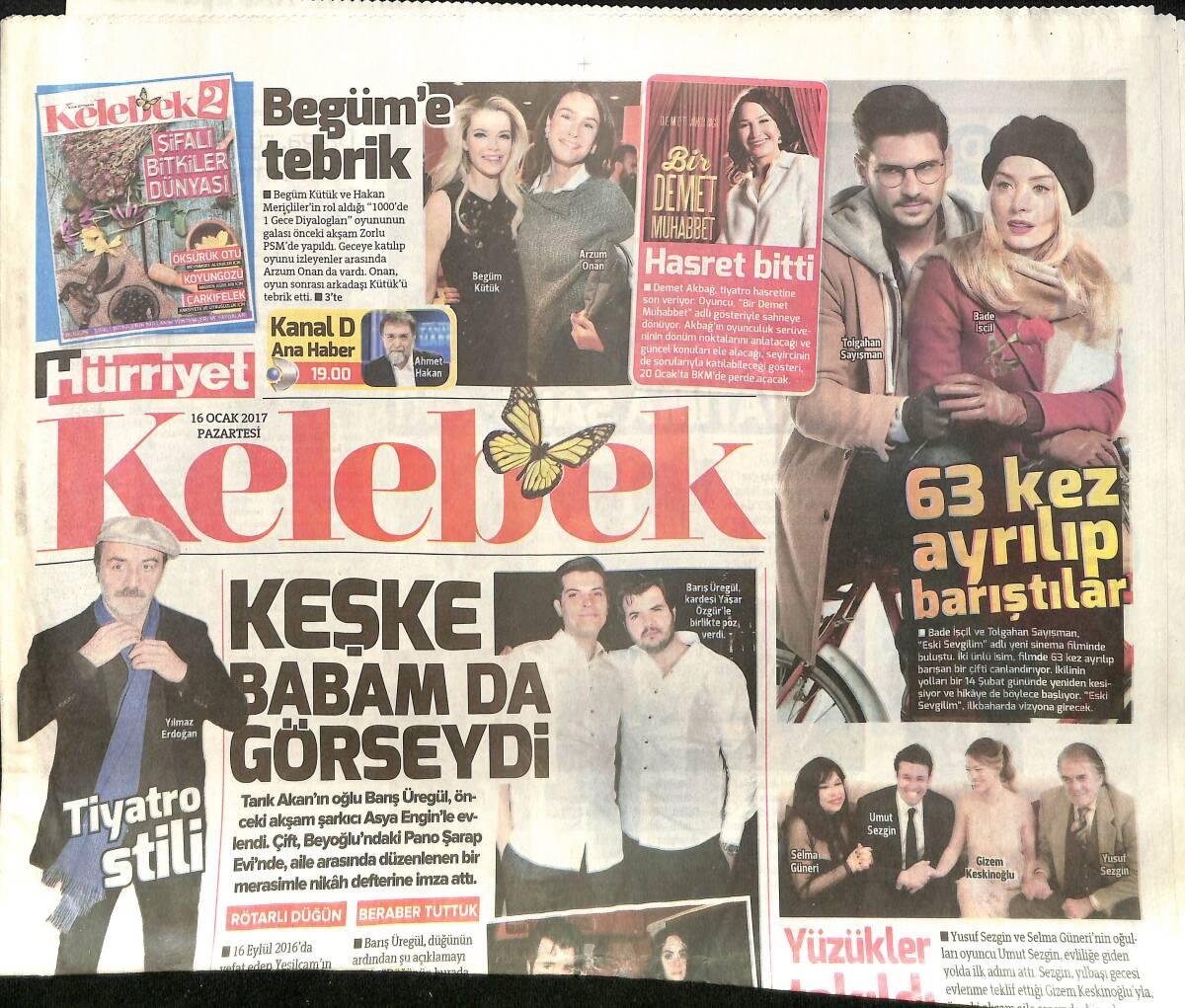 Hürriyet Gazetesi Kelebek Eki 16 Ocak 2017 - Şahan Gökbakar'ın 