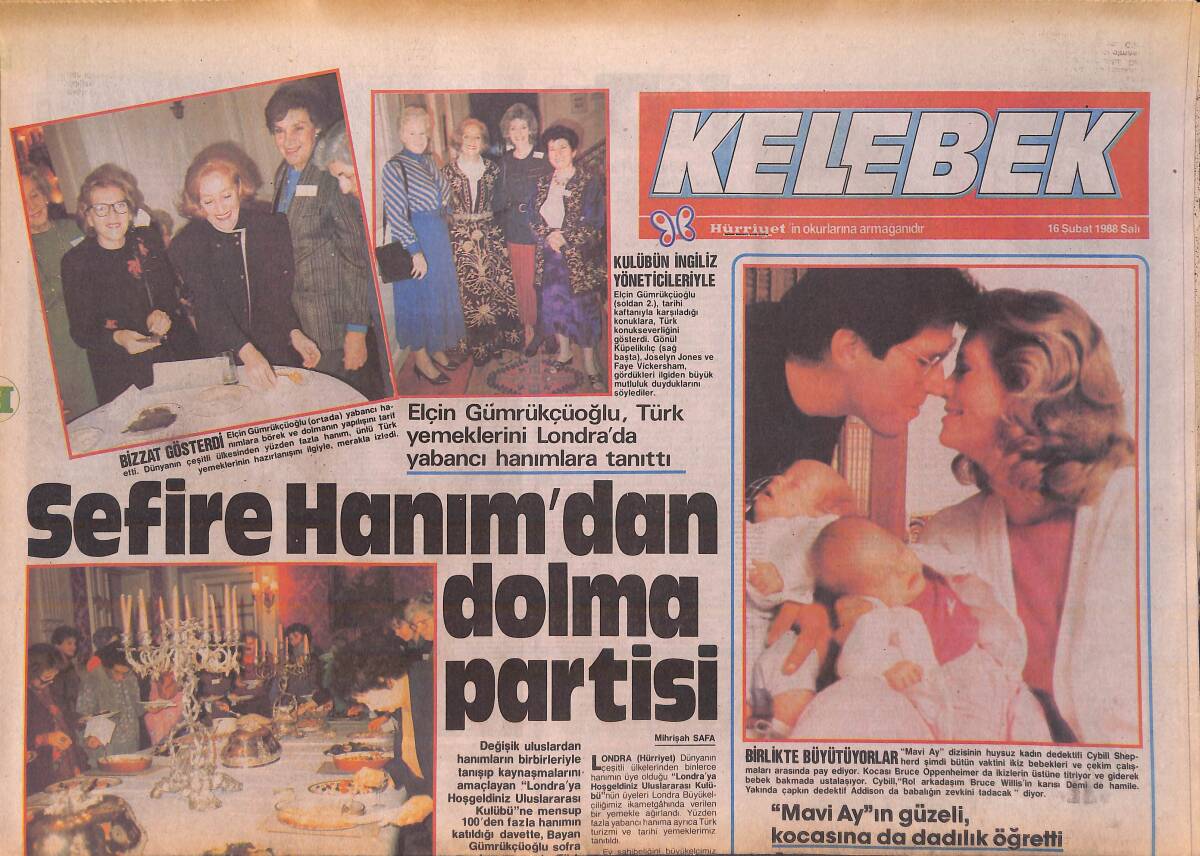 Hürriyet Gazetesi Kelebek Eki 16 Şubat 1988 - Sefire Hanım'dan Dolma Partisi - Oya Aydoğan'ın Günleri Sıkı Perhizle Geçiyor GZ156121 - 1