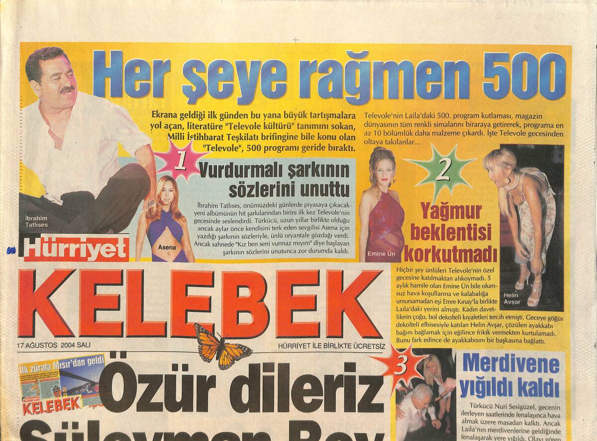 Hürriyet Gazetesi Kelebek Eki 17 Ağustos 2004 - Tuğba Özay: Sigaramı Nazım'ın Mezarına Gömdüm - Sharon'ın Estetik Bilmecesi GZ2606 - 1