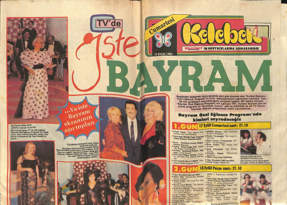 Hürriyet Gazetesi Kelebek Eki 17 Eylül 1983 - Bayram Ekranlarında Zeki Müren Yok - Gönül Yazar Bayram'da TV'de Çıkacak GZ158918 - 1