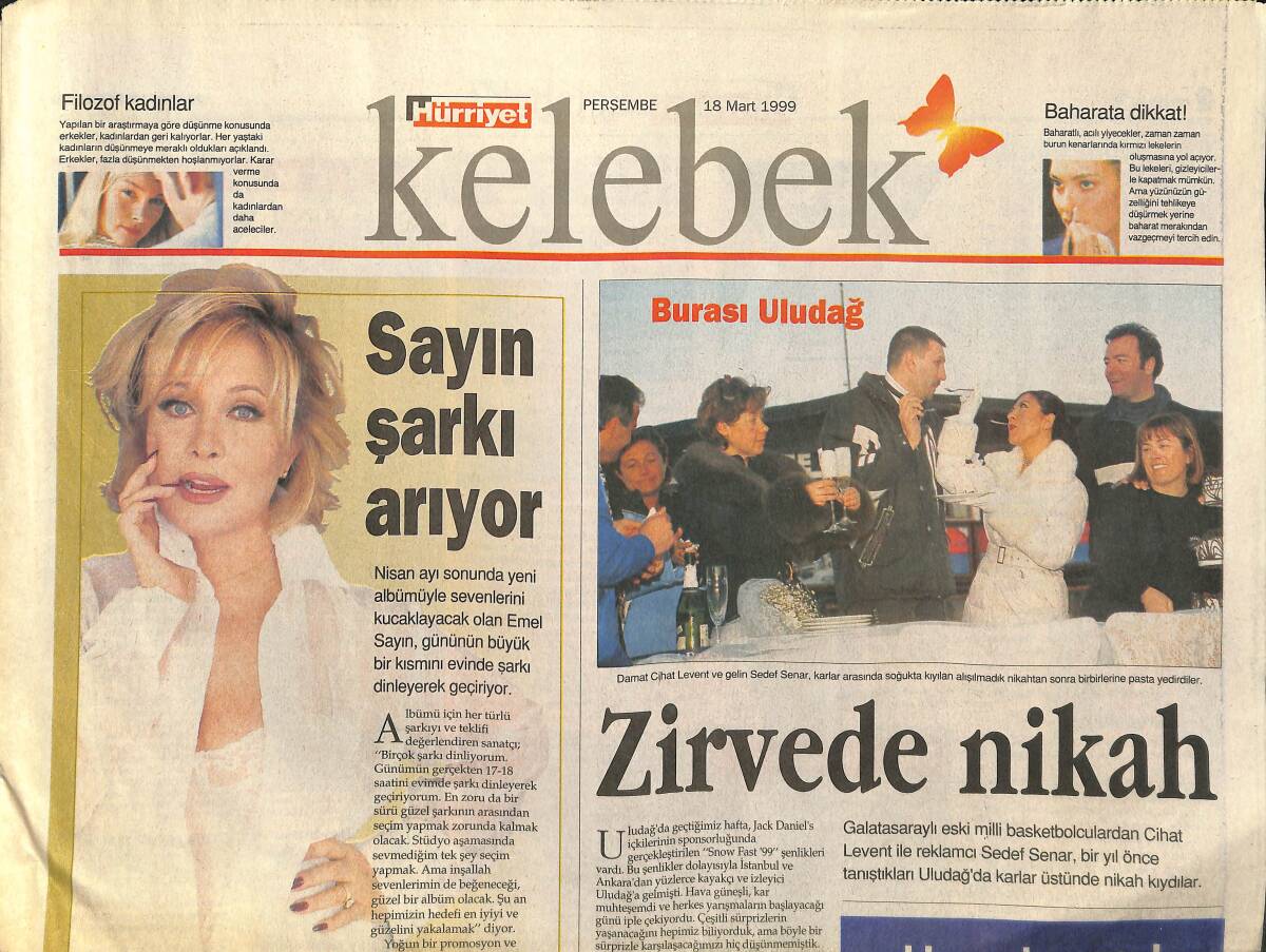 Hürriyet Gazetesi Kelebek Eki 18 Mart 1999 - Emel Sayın Şarkı Arıyor! - Alişan, Mahsun Kırmızıgül, İbrahim Erkal Başkentte Çıkarma Yaptılar! GZ145994 - 1