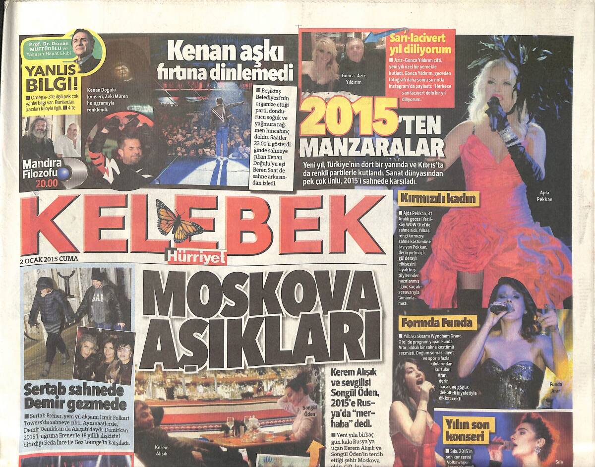 Hürriyet Gazetesi Kelebek Eki 2 Ocak 2015 - Moskova Aşıkları Kerem Alışık Ve Songül Öden - Sıla Gençoğlu Yılın Son Konseri GZ135834 - 1