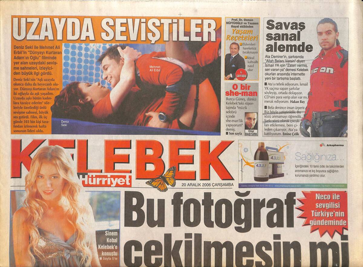 Hürriyet Gazetesi Kelebek Eki 20 Aralık 2006 - Sinem Kobal Kelebek'e Konuştu - Ata Demirer Savaş Sanal Alemde! GZ137884 - 1