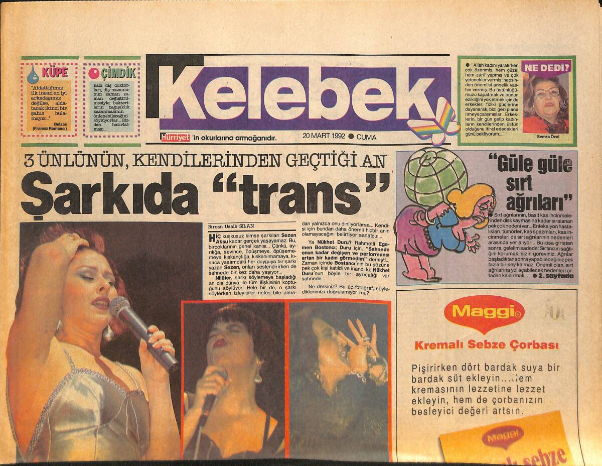 Hürriyet Gazetesi Kelebek Eki 20 Mart 1992 - 3 Ünlünün Kendinden Geçtiği Anlar, Sezen Aksu, Nükhet Duru, Nilüfer GZ134275 - 1