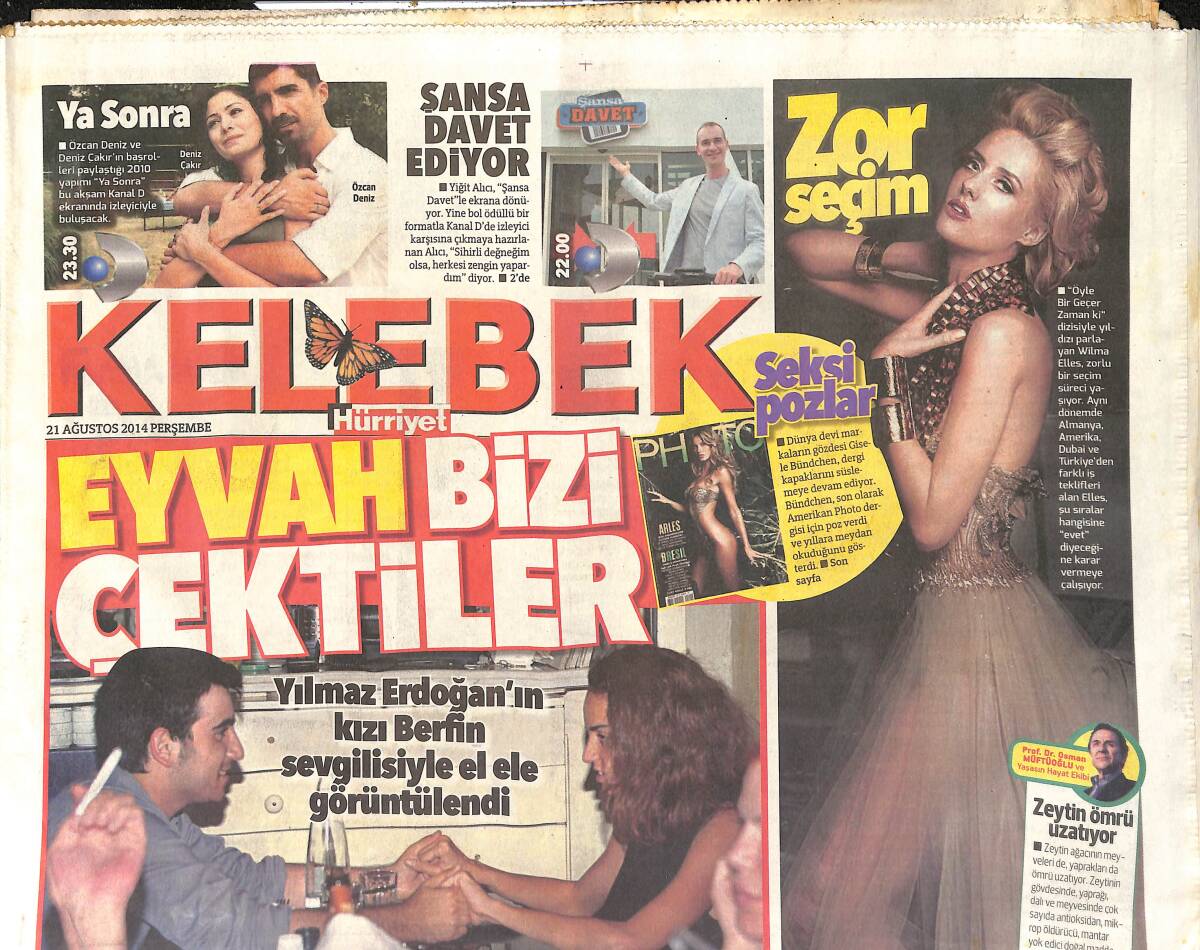 Hürriyet Gazetesi Kelebek Eki 21 Ağustos 2014 - Yılmaz Erdoğan'ın Kızı Berfin Sevgilisiyle El Ele GZ155143 - 1