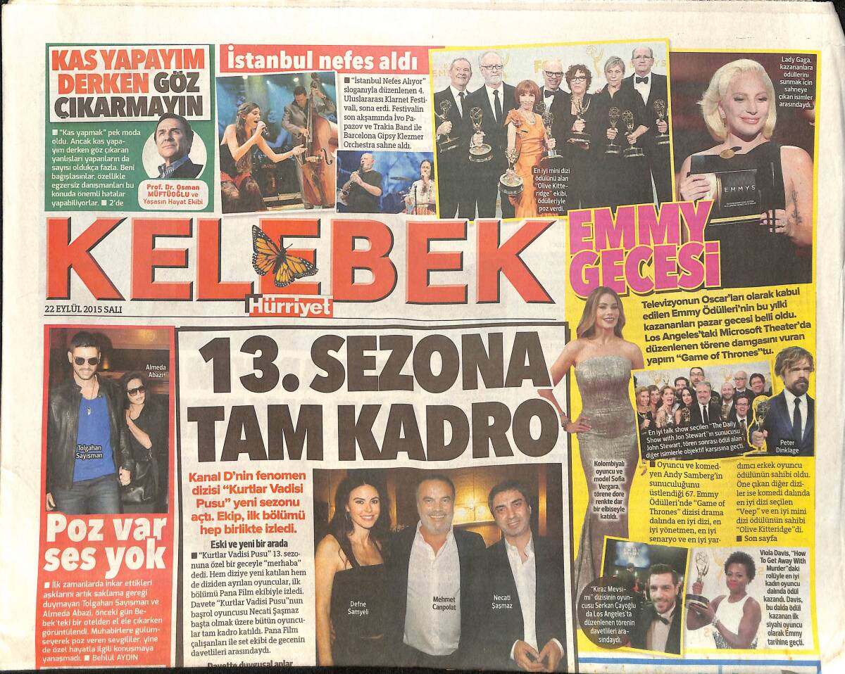 Hürriyet Gazetesi Kelebek Eki 22 Eylül 2015 - Kurtlar Vadisi 13. Sezon Tam Kadro - Yılmaz Erdoğan'dan Kitap Tavsiyesi GZ155105 - 1