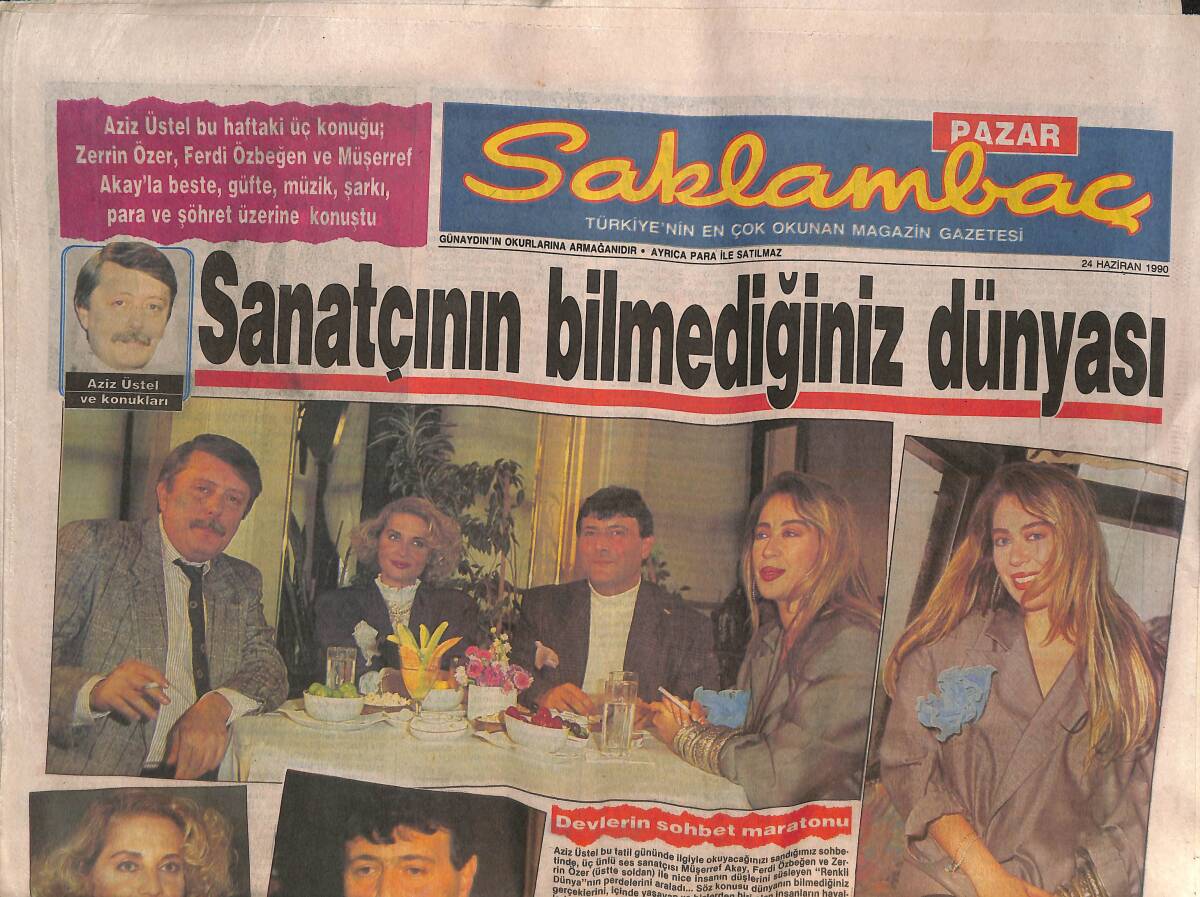 Hürriyet Gazetesi Kelebek Eki 24 Haziran 1990 - Devlerin Sohbet Maratonu Müşerref Akay, Zerrin Özer, Ferdi Özbeğen GZ138148 - 1