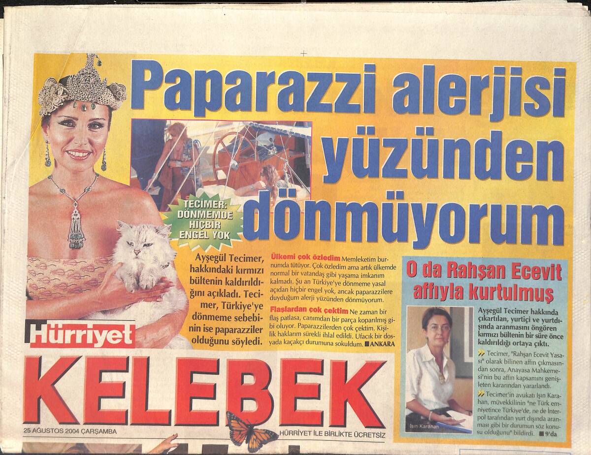 Hürriyet Gazetesi Kelebek Eki 25 Ağustos 2004 - Sibel Can 15 Yıl Sonra Dansöz Oldu - Vergi Rekortmeni Okul Yaptırdı GZ2983 - 1