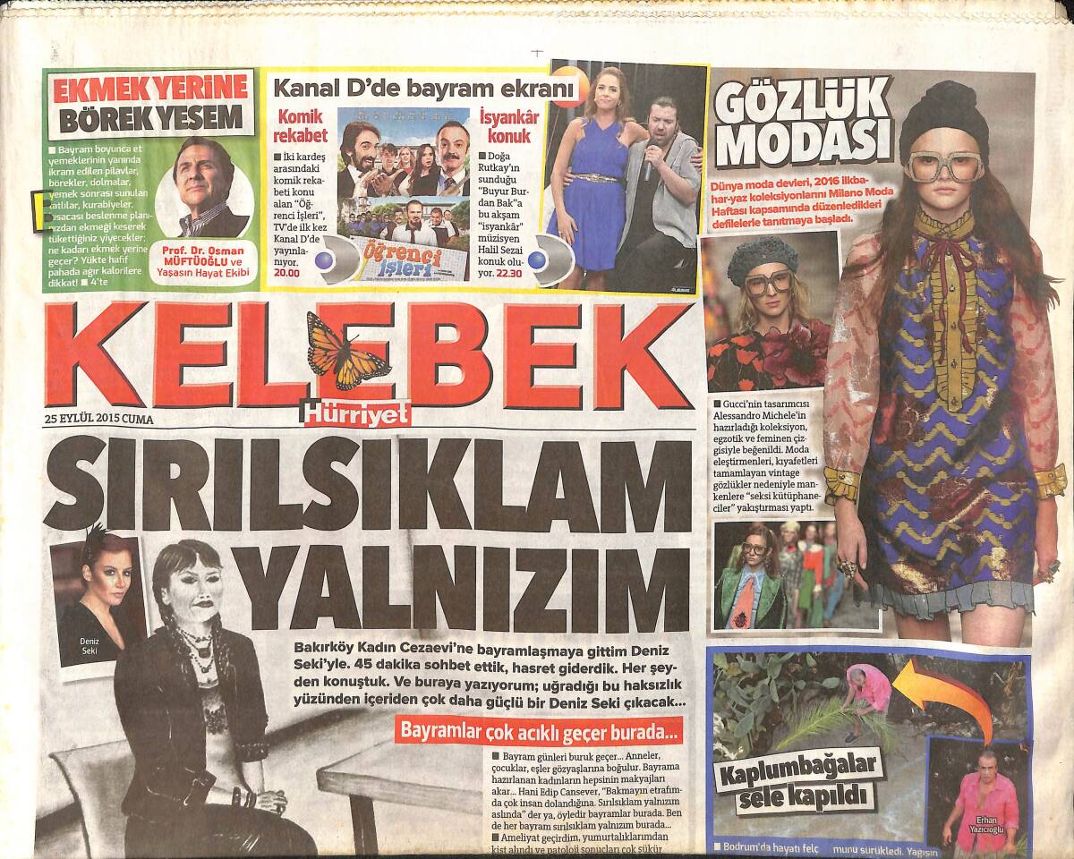 Hürriyet Gazetesi Kelebek Eki 25 Eylül 2015 - Deniz Seki: Sırılsıklam Yalnızım - Kıvanç Tatlıtuğ: Yol Üstünde Konuşmam GZ154784 - 1