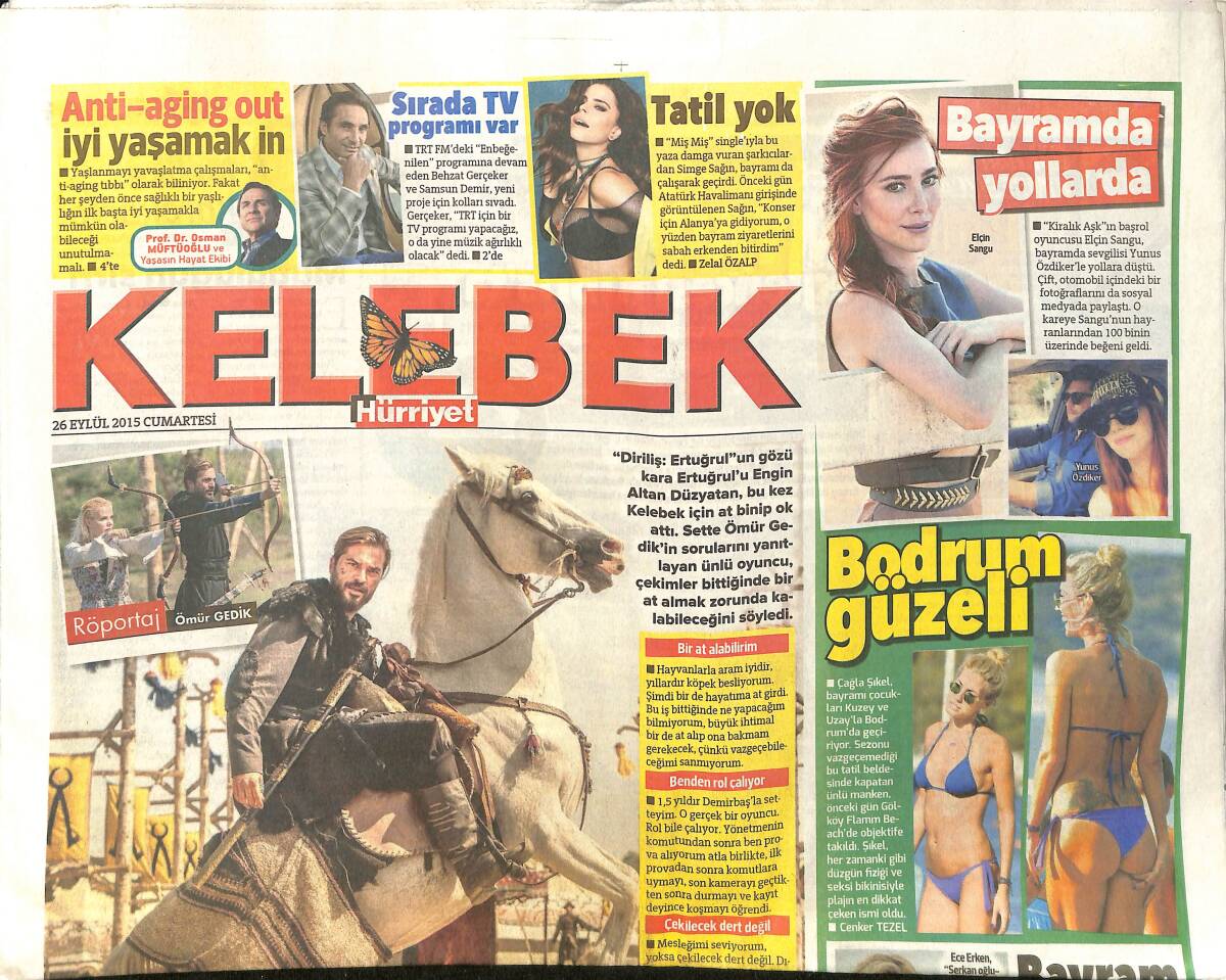 Hürriyet Gazetesi Kelebek Eki 26 Eylül 2015 - Bodrum Güzeli Çağla Şikel - Kıvanç Tatlıtuğ Halk Plajında GZ155108 - 1