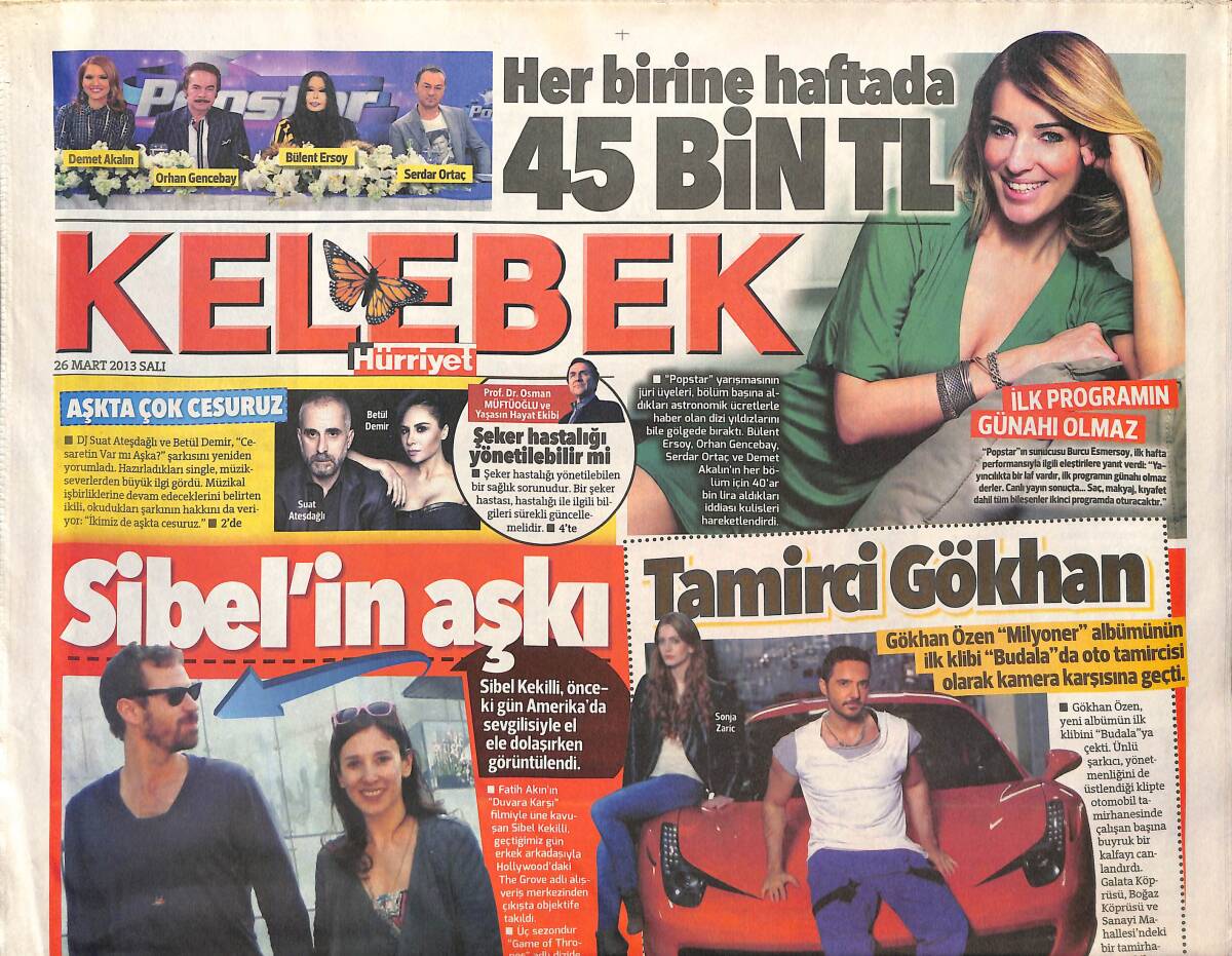 Hürriyet Gazetesi Kelebek Eki 26 Mart 2013 - Kıbrıs'ta Asena Şov - Demet Akalın, Orhan Gencebay, Bülent Ersoy, Serdar Ortaç Her Birine Haftada 45 Bin GZ136794 - 1