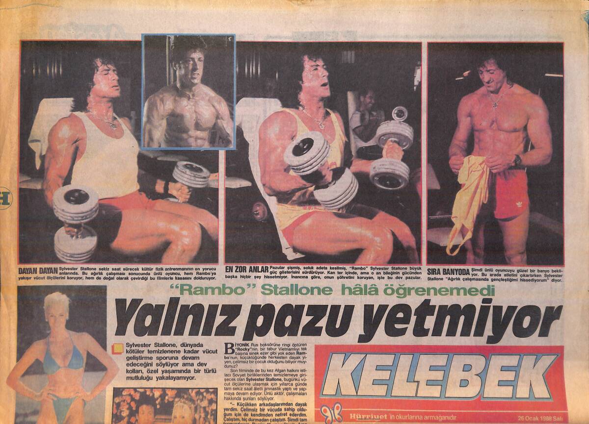 Hürriyet Gazetesi Kelebek Eki 26 Ocak 1988 - Rambo Stallone Hala Öğrenemedi - Gülben Ergen Mankenlikten Önce Diploma Diyor GZ156199 - 1