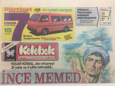 Hürriyet Gazetesi Kelebek Eki 27 Eylül 1986 - Yaşar Kemal Dev Efsaneyi 39 Yılda Ve 4 Ciltte Bitirebildi GZ50101 - 1