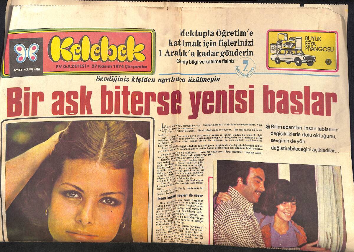 Hürriyet Gazetesi Kelebek Eki 27 Kasım 1974 - Ayhan Işık'ın Kızı Büyüdü Kocaman Oldu - Yaşar Türkân Şoray'a Afyon'da Tutuluverdi... GZ160898 - 1