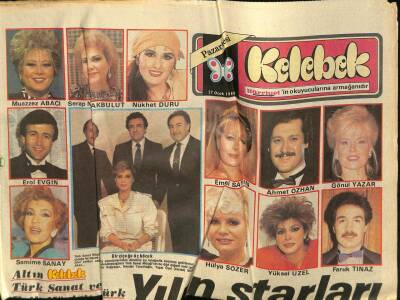 Hürriyet Gazetesi Kelebek Eki 27 Ocak 1986 - Yılın Starları * İzzet Altınmeşe - Hülya Süer - Kamil Sönmez - Emel Sayın - Gönül Yazar GZ114649 - 1