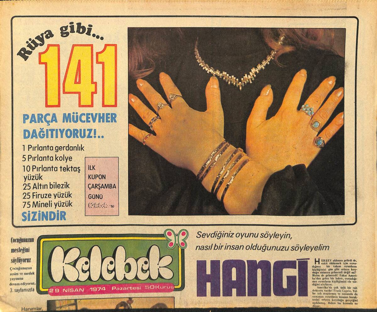 Hürriyet Gazetesi Kelebek Eki 29 Nisan 1974 - Yeşilçam Kış Uykusundan Uyandı * Yıldız Kenter-Tarık Akan GZ147323 - 1