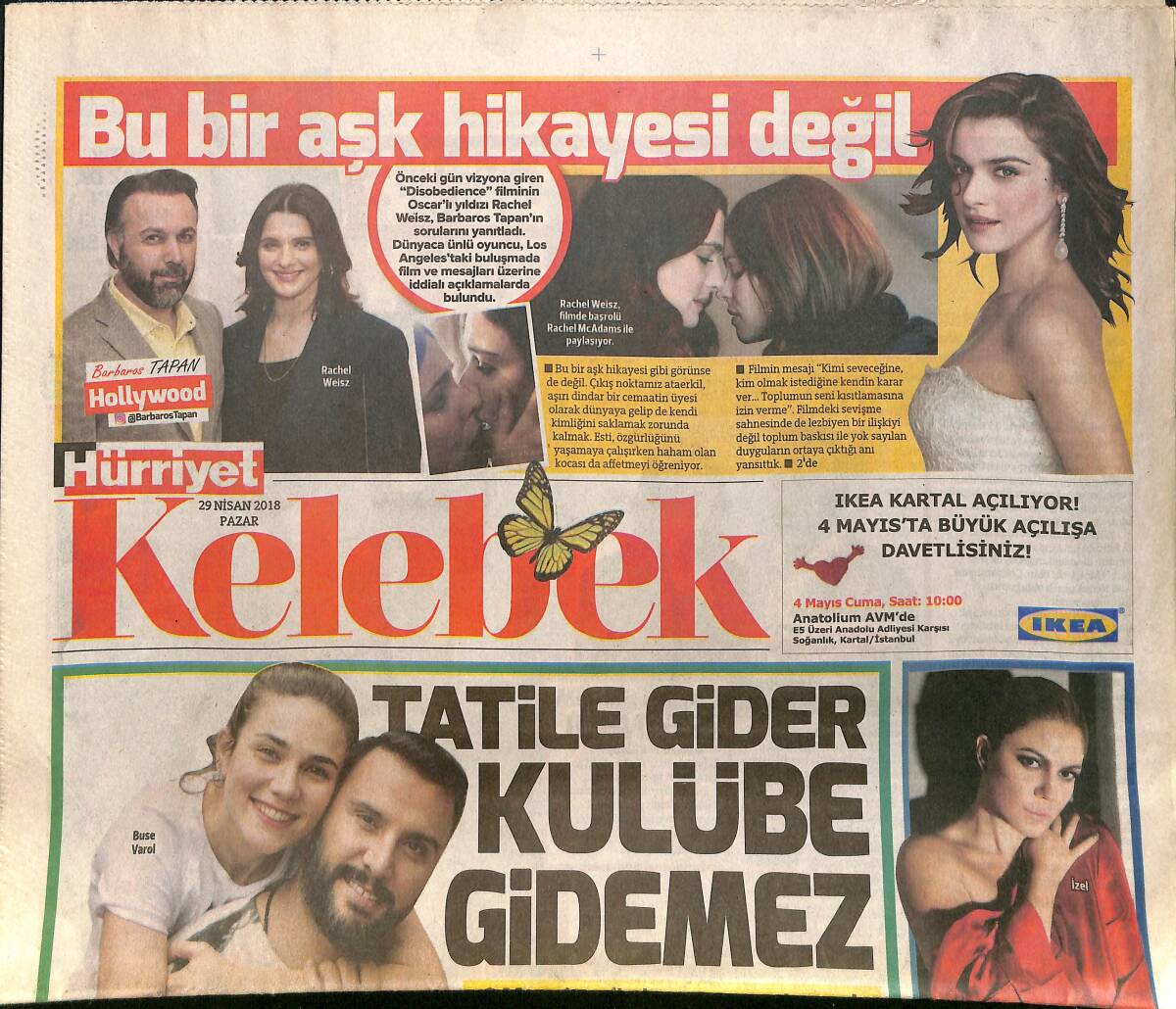 Hürriyet Gazetesi Kelebek Eki 29 Nisan 2018 - Buse Varol 