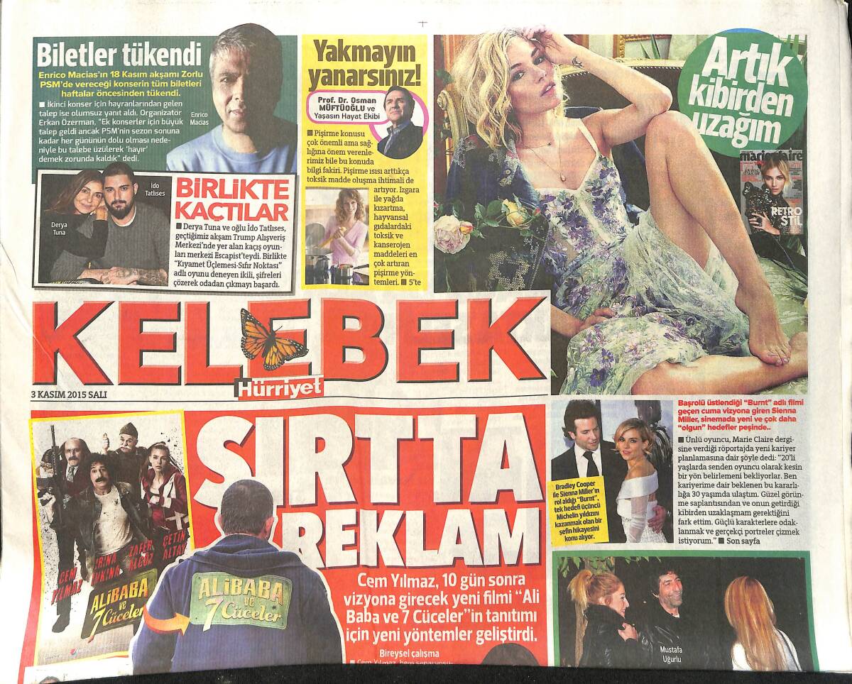 Hürriyet Gazetesi Kelebek Eki 3 Kasım 2015 - Cem Yılmaz'ın Sırtında Reklam - Serenay Aktaş: Silikon Haberi Babamı Kızdırdı GZ155053 - 1