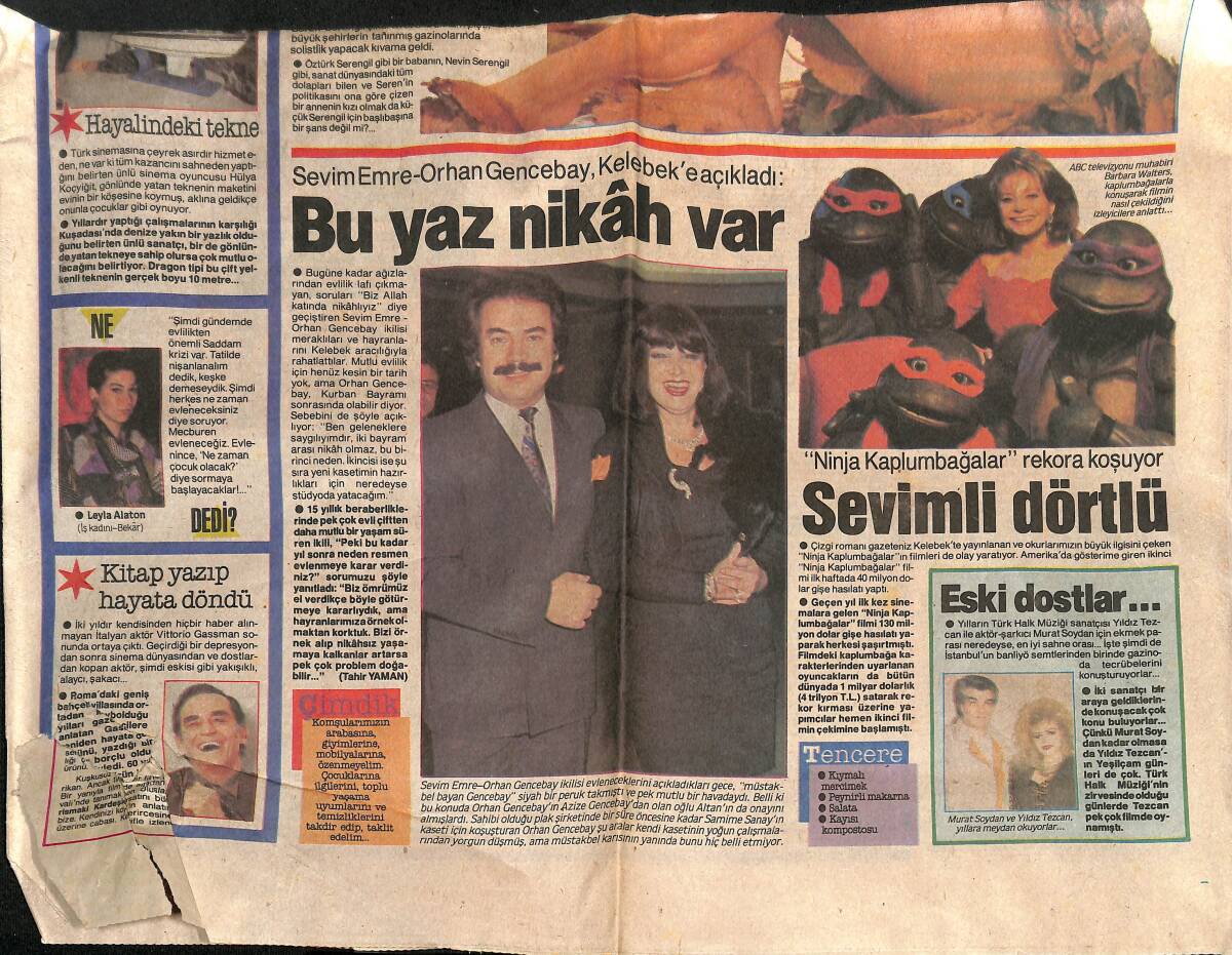 Hürriyet Gazetesi Kelebek Eki 3 Mayıs 1991 - Sevim Emre, Orhan Gencebay Açıkladı Bu Yaz Nikah Var - Ninja Kaplumbağalar Rekora Koşuyor GZ154431 - 2