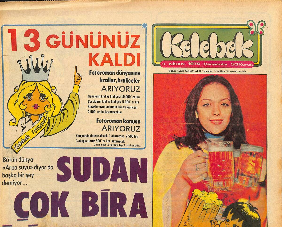 Hürriyet Gazetesi Kelebek Eki 3 Nisan 1974 - Kartal Tibet Yeni Kararlar Arifesinde - Türkan Şoray Ve Ediz Hun Kıbrıs'ta Yılın Sanatçıları Seçildi GZ147409 - 1
