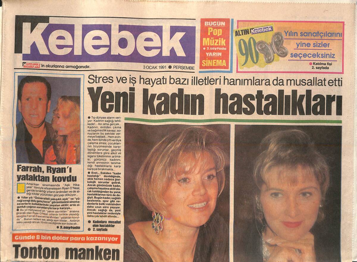 Hürriyet Gazetesi Kelebek Eki 3 Ocak 1991 - Farrah Fawcett, Ryan O'Neal'i Yataktan Kovdu - Elizabeth'i Yaşlılık Korkusu Mu Vurdu GZ138160 - 1