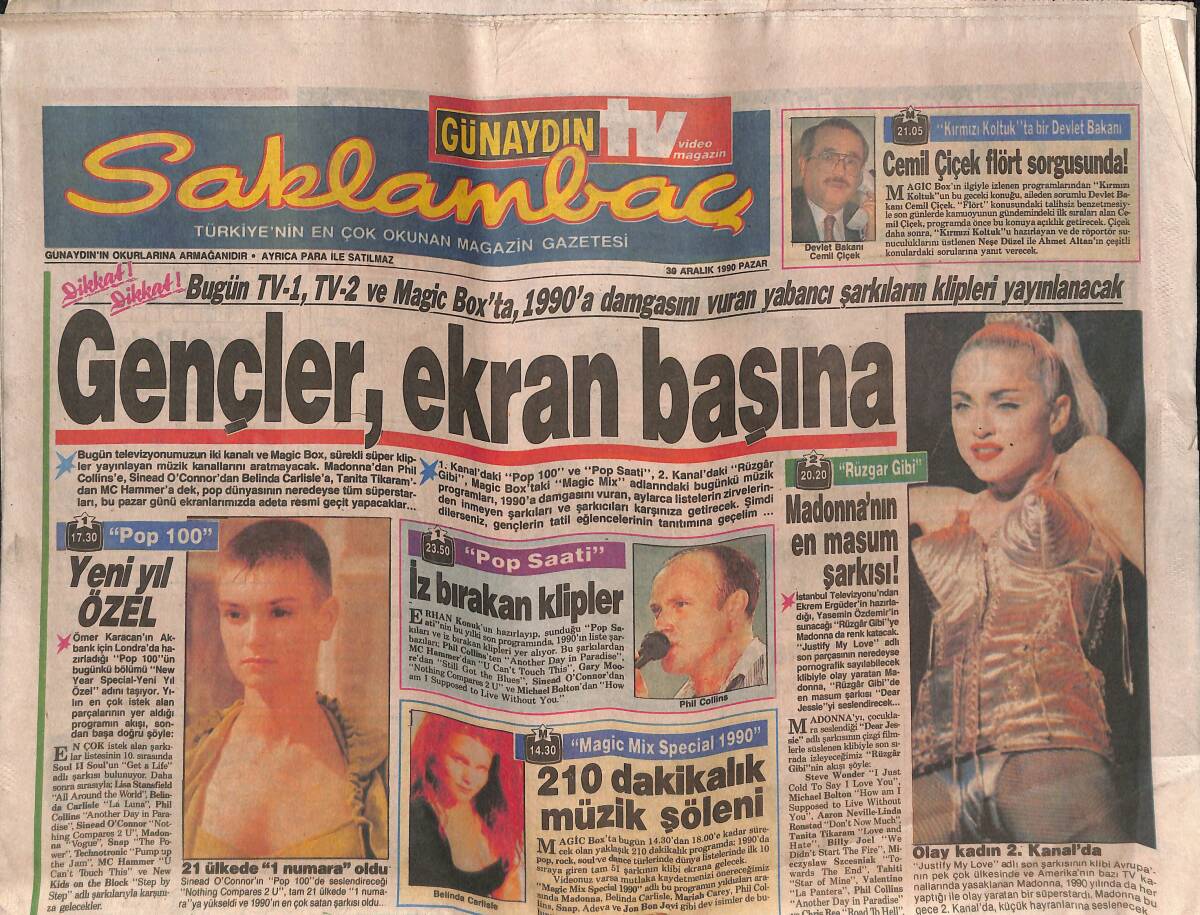 Hürriyet Gazetesi Kelebek Eki 30 Aralık 1990 - Madonna'nın En Masum Şarkısı - Barış Manço İle 
