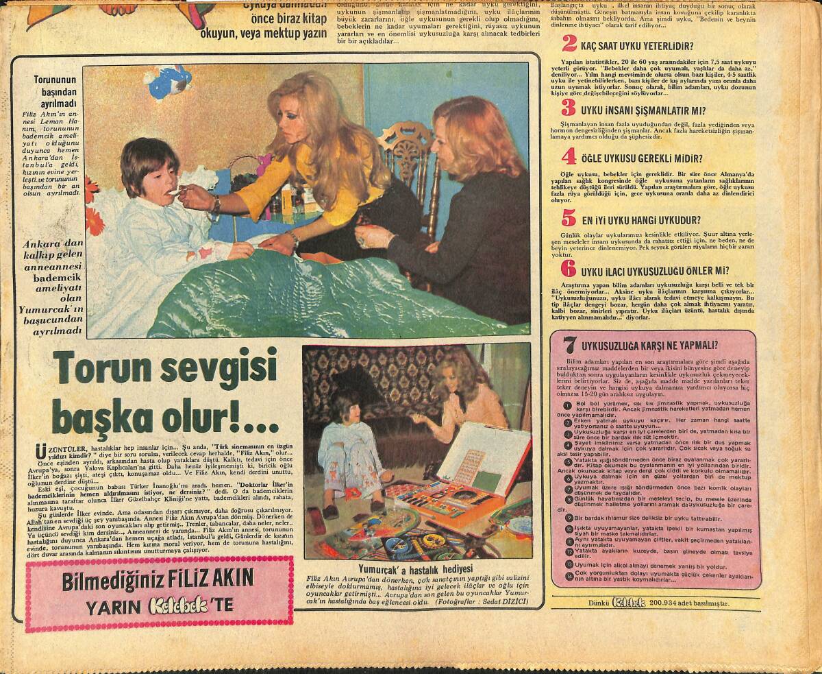 Hürriyet Gazetesi Kelebek Eki 30 Mart 1974 - Yumurcak'a Hastalık Hediyesi - Filiz Akın'ın Annesi Leman Akın Torununun Başından Ayrılmadı GZ147274 - 2