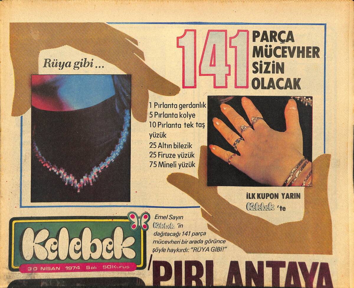 Hürriyet Gazetesi Kelebek Eki 30 Nisan 1974 - Emel Sayın '' Pırlantaya Bayılırım '' GZ147322 - 1