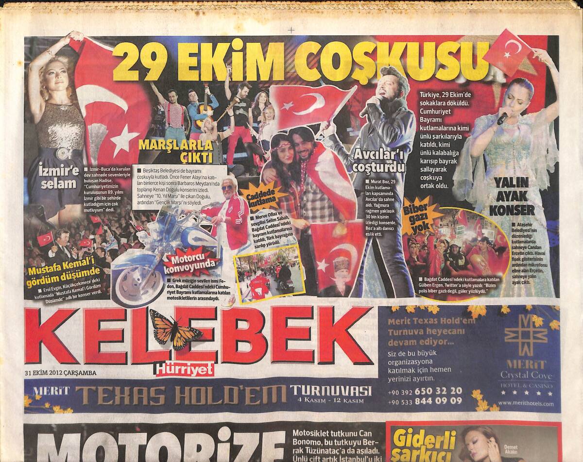 Hürriyet Gazetesi Kelebek Eki 31 Ekim 2012 - 29 Ekim Coşkusu - Can Bonomo Berrak Tüzünataç Motorize Aşıkları - Giderli Şarkıcı Demet Akalın GZ135837 - 1