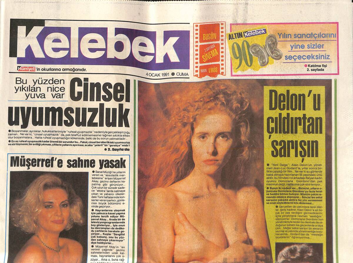 Hürriyet Gazetesi Kelebek Eki 4 Ocak 1991 - Alain Delon'u Çıldırtan Sarışın - Müşerref Akay'a Sahne Yasak GZ138161 - 1