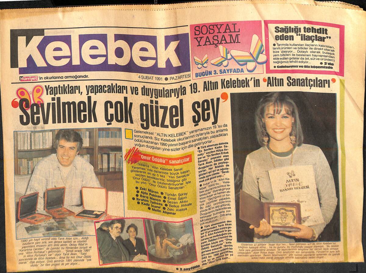 Hürriyet Gazetesi Kelebek Eki 4 Şubat 1991 - Altın Kelebek Santçıları Hülya Avşar ve Tarık Akan GZ138035 - 1