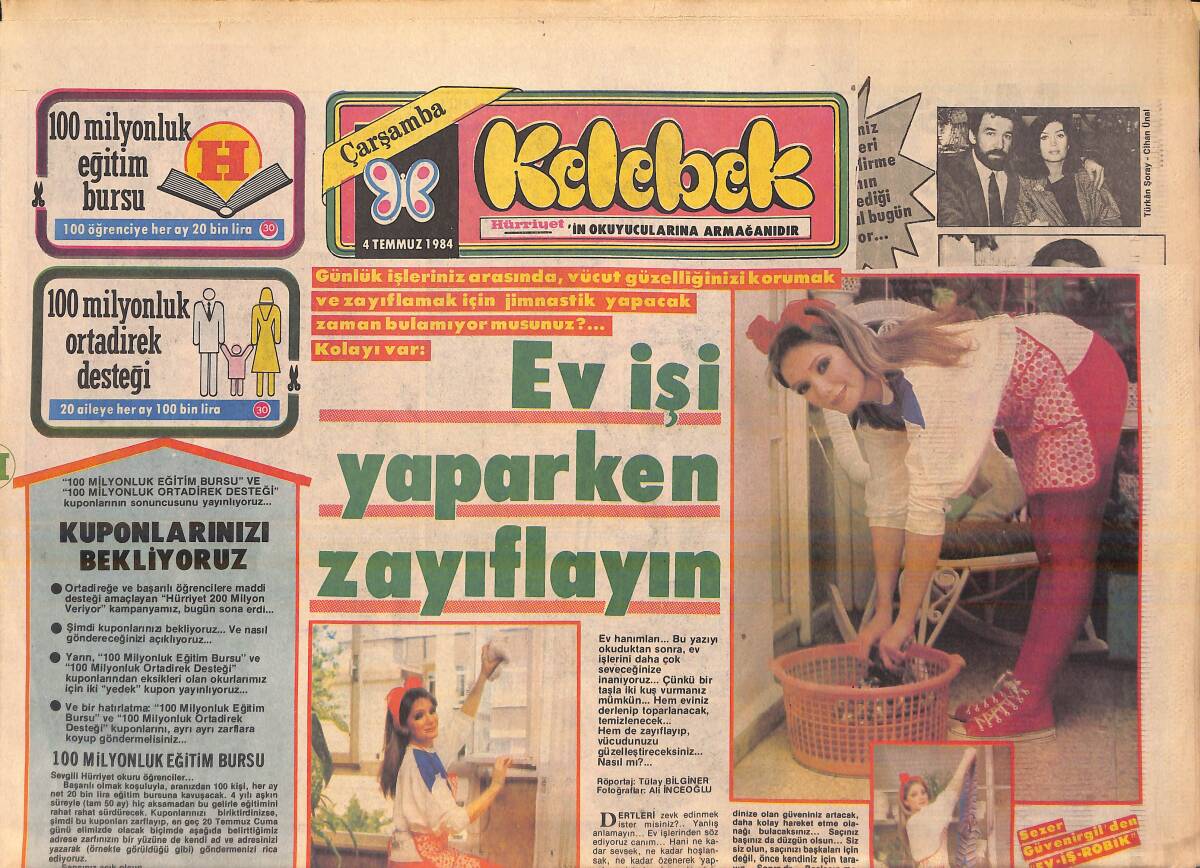 Hürriyet Gazetesi Kelebek Eki 4 Temmuz 1984 - Sezer Güvenirgil'den Ev İş Robik - İtalyan Müziğinin İki Devi Çeşme'de Buluşacak GZ156350 - 1