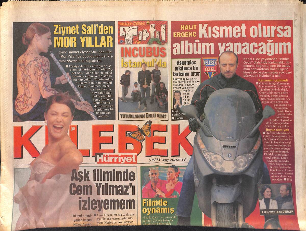 Hürriyet Gazetesi Kelebek Eki 5 Mart 2007 - Hülya Avşar: Aşk Filminde Cem Yılmaz'ı İzleyemem - Ziynet Sali'den Mor Yıllar GZ155091 - 1