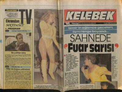 Hürriyet Gazetesi Kelebek Eki 7 Eylül 1987 - İzmirin Eğlence Geceleri , Aynı Renge Boyandı . Sahnede Fuat Sarısı Yüksel Uzel GZ94230 - 1