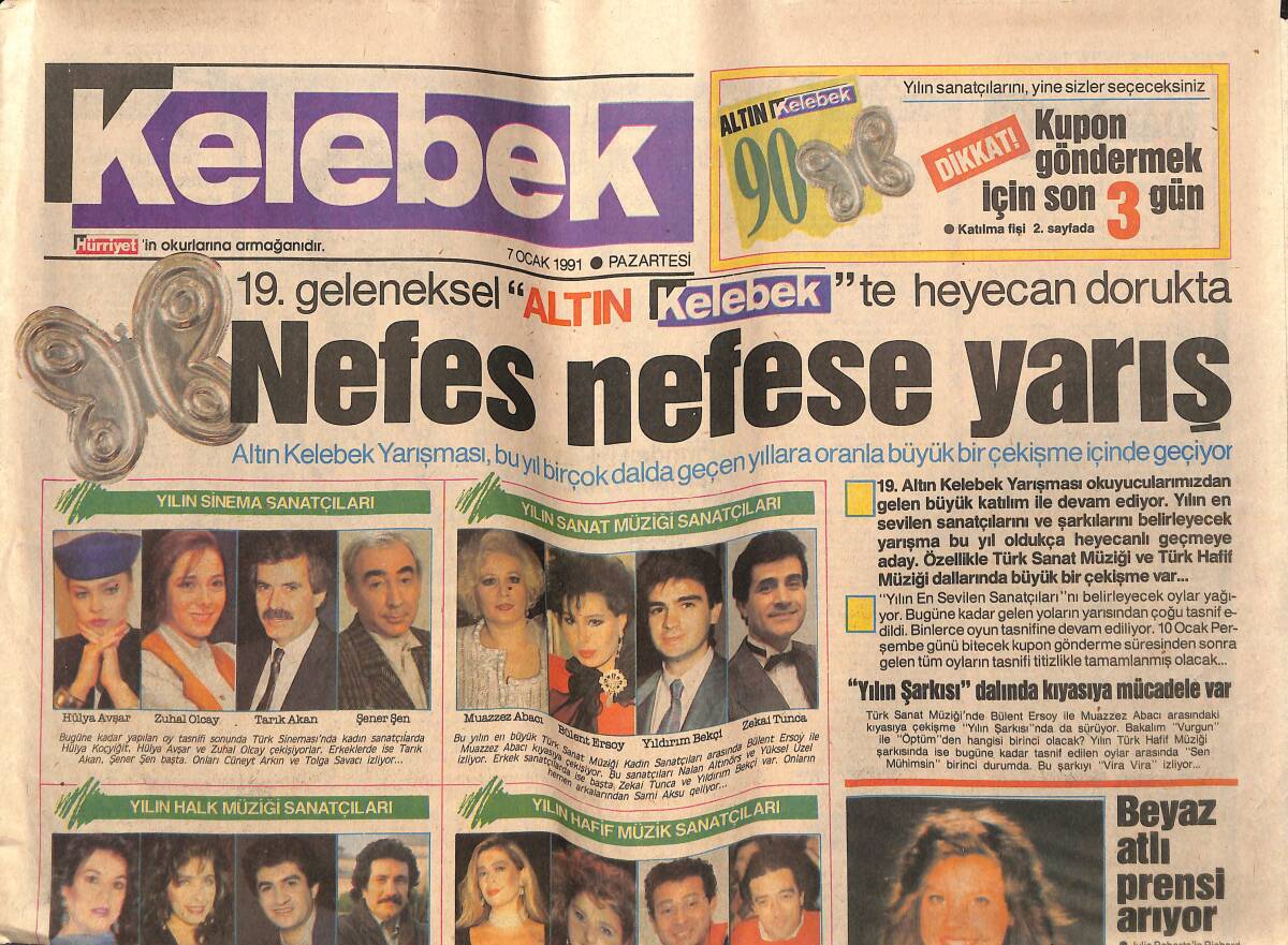 Hürriyet Gazetesi Kelebek Eki 7 Ocak 1991 - 19. Geleneksel Altın Kelebek Heyecanı - Wedy Slinsby Beyaz Atlı Prensi Arıyor GZ138155 - 1