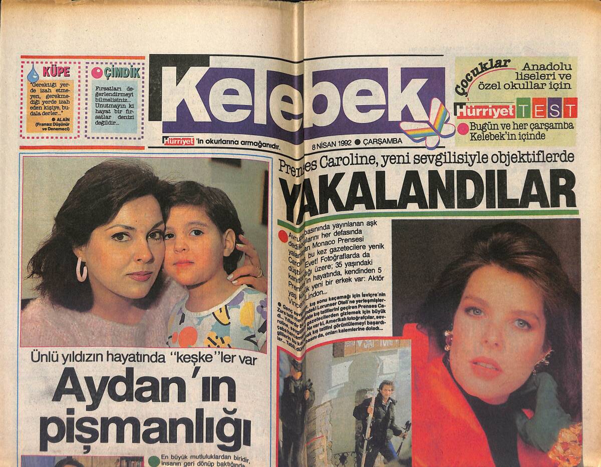 Hürriyet Gazetesi Kelebek Eki 8 Nisan 1992 - Aydan Şener'in Pişmanlığı - Prenses Caroline , Yeni Sevgilisiyle Objektiflerde GZ154038 - 1