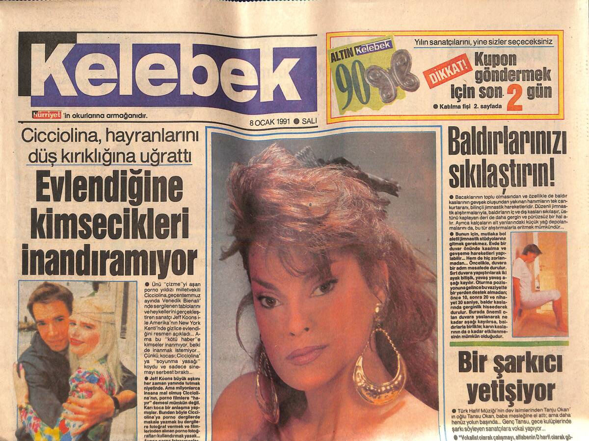 Hürriyet Gazetesi Kelebek Eki 8 Ocak 1991 - Cicciolina Hayranlarını Düş Kırıklığına Uğrattı - Aydan Şener 6. Dizisi İçin Kamera Karşısında GZ138156 - 1
