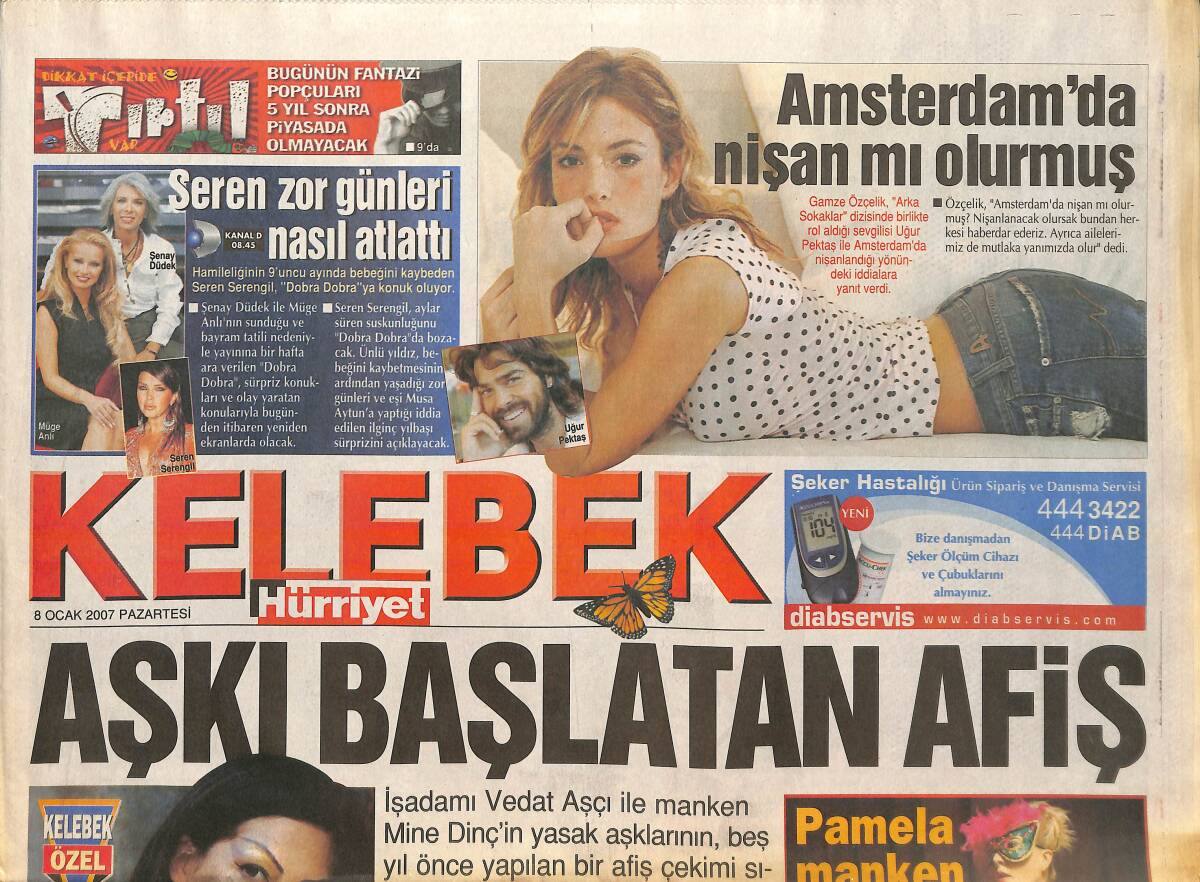 Hürriyet Gazetesi Kelebek Eki 8 Ocak 2007 - Seren Serengil Zor Günleri Nasıl Atlattı! - Gamze Özçelik Amsterdam'da Nişan Mı Olurmuş? GZ137881 - 1