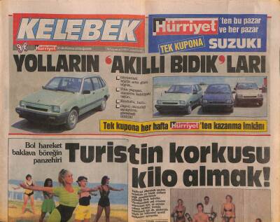 Hürriyet Gazetesi Kelebek Eki 8 Temmuz 1989 - Sanat Dünyasının Ünlü Komedyenleri , Programın Konuğu * Müjdat Gezen - Perran Kutman - Ayşen Gruda GZ90687 - 1