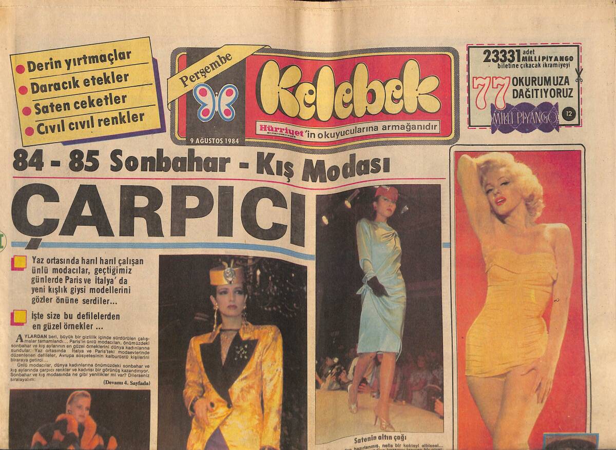 Hürriyet Gazetesi Kelebek Eki 9 Ağustos 1984 - Marilyn Monroe' nun En Büyük Özlemi! - Mujdat Gezen Perran Kutman Fotoroman GZ145754 - 1