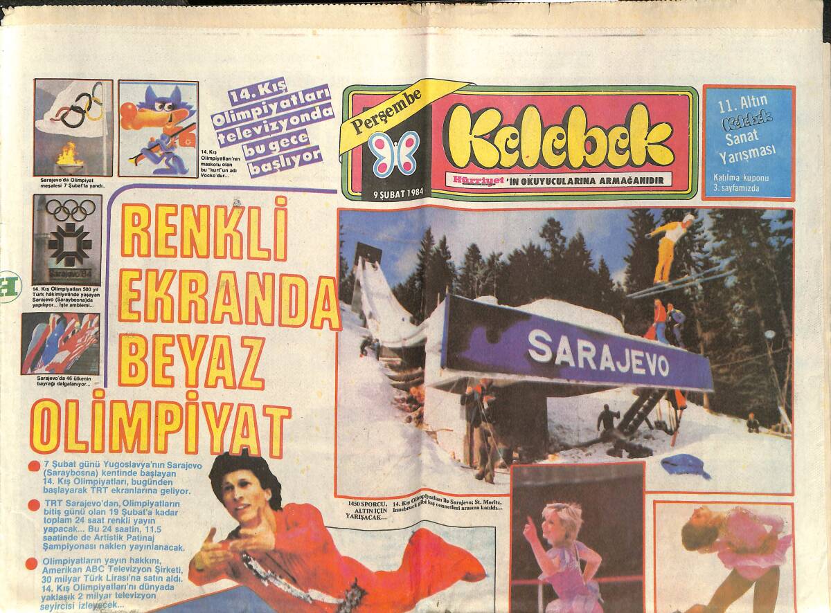 Hürriyet Gazetesi Kelebek Eki 9 Şubat 1984 - Renkli Ekranda Beyaz Olimpiyat - Türk Sanat Müziği'nden Bir Demet: Ayten Zengir GZ143315 - 1