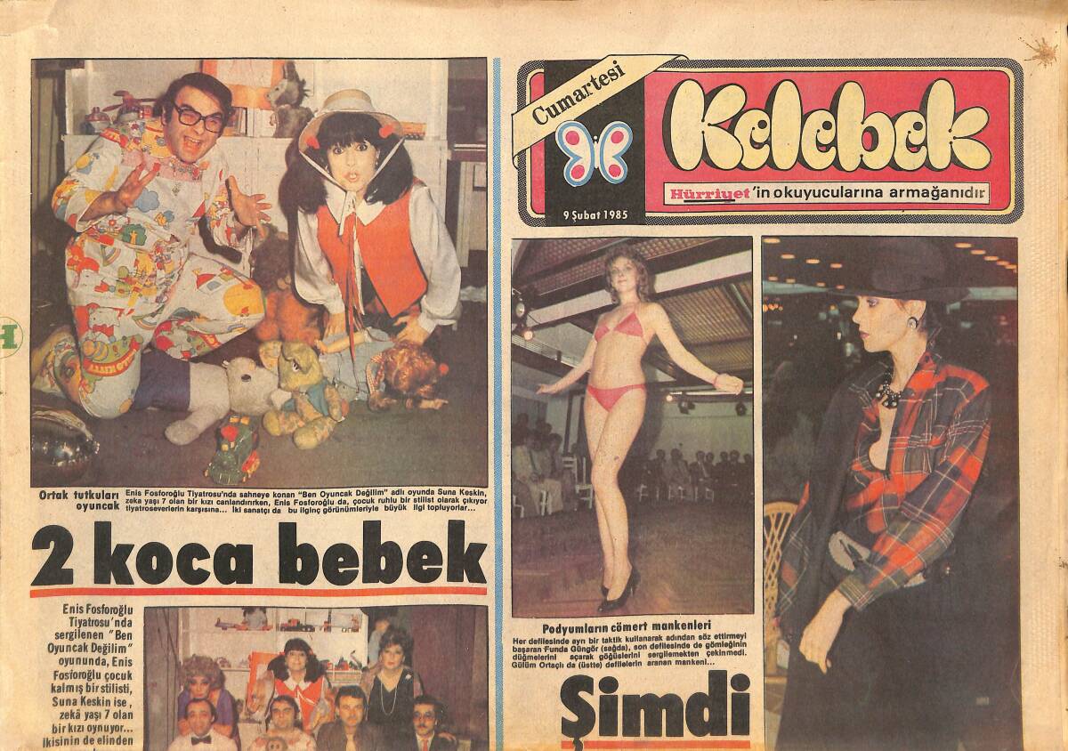 Hürriyet Gazetesi Kelebek Eki 9 Şubat 1985 - Cenevre'de Şahane Gece - Podyumun Cömert Mankenleri GZ134044 - 1
