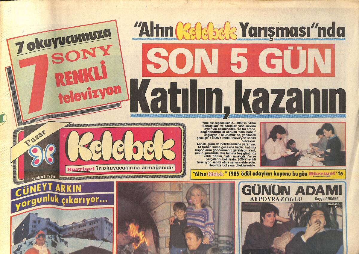 Hürriyet Gazetesi Kelebek Eki 9 Şubat 1986 - Cüneyt Arkın Yorgunluk Çıkarıyor Kartalkaya'da Tatil GZ156565 - 1