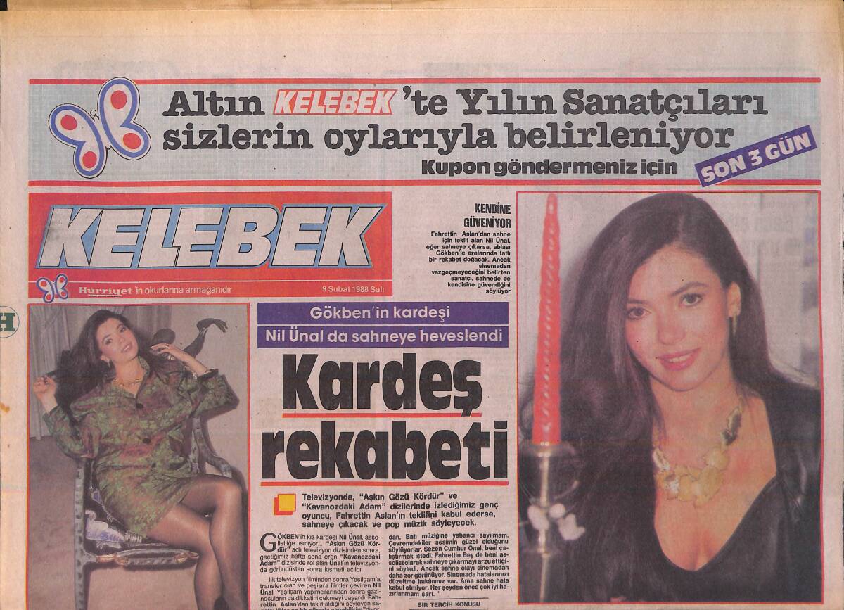 Hürriyet Gazetesi Kelebek Eki 9 Şubat 1988 - Gökben'in Kardeşi Nil Ünal Da Sahneye Heveslendi - Tanya Arslan, Kadir İnanır'la Başrolde GZ156123 - 1