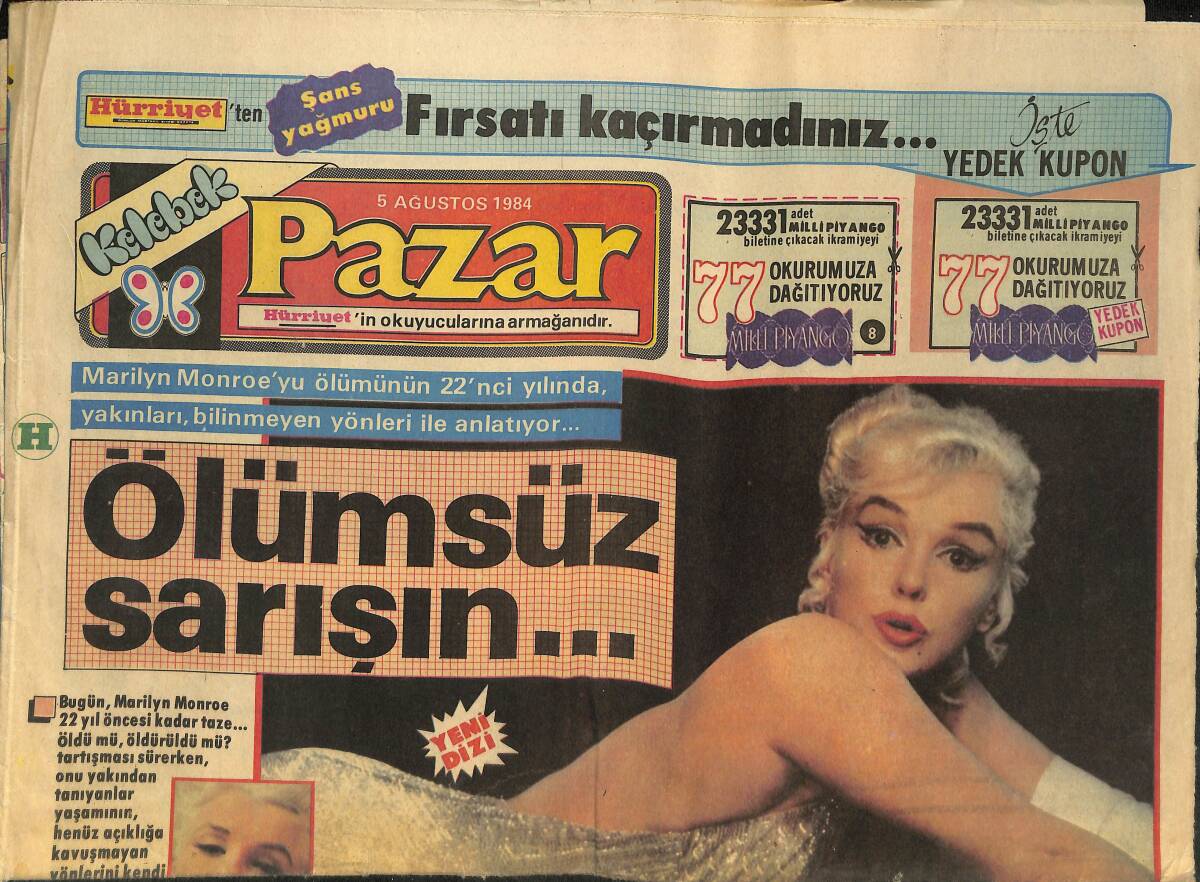Hürriyet Gazetesi Kelebek Pazar Eki 5 Ağustos 1984 - Ölümsüz Sarışın Marilyn Monroe - Müjdat Gezen Perran Kutman Fotoroman GZ145844 - 1