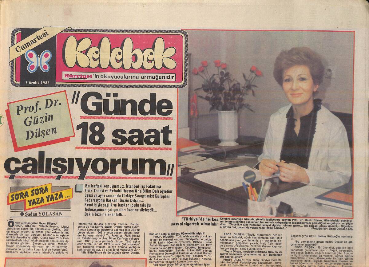 Hürriyet Gazetesi Kelebek Pazar Eki 7 Aralık 1985 - Prof. Dr. Güzin Dilşen: Günde 18 Saat Çalışıyorum GZ156211 - 1