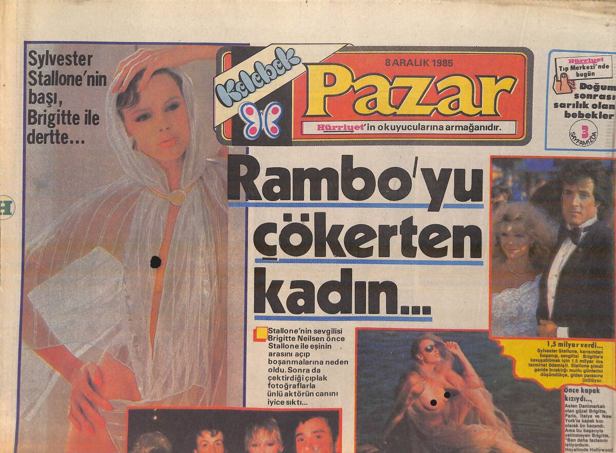 Hürriyet Gazetesi Kelebek Pazar Eki 8 Aralık 1985 - Sylvester Stallone'nin Başı Brigitte İle Dertte: Rambo'yu Çökerten Kadın GZ156213 - 1