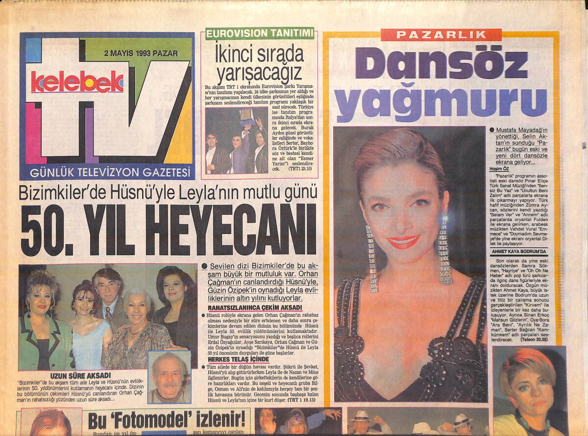 Hürriyet Gazetesi Kelebek TV Eki 2 Mayıs 1993 - Bizimkiler'de Hüsnü'yle Leyla'nın Mutlu Günü: 50. Yıl Heyecanı GZ156202 - 1