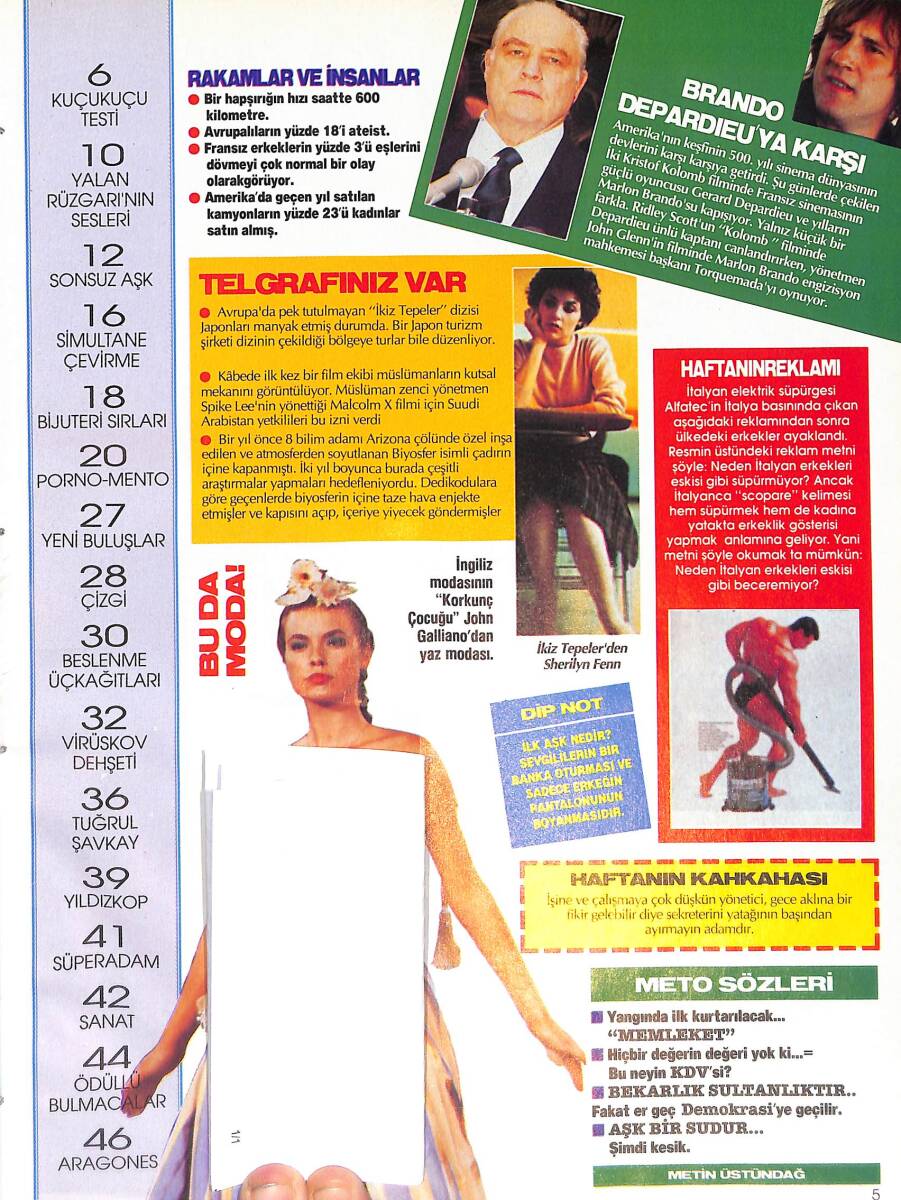 Hürriyet Gazetesi Magazin Dergisi 23 Şubat 1992 - John Galliano - Gerard Depardieu - Marlon Brando -Ödül bulmacaları NDR87850 - 1